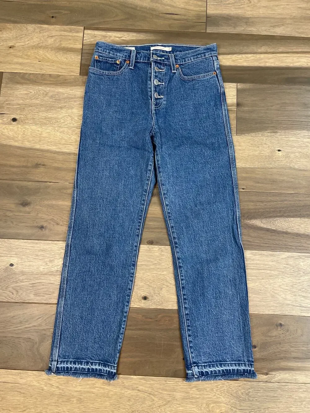 Levi’s Premium Wedgie Straight Cropped High Rise Button Fly Raw Hem Cotton Denim